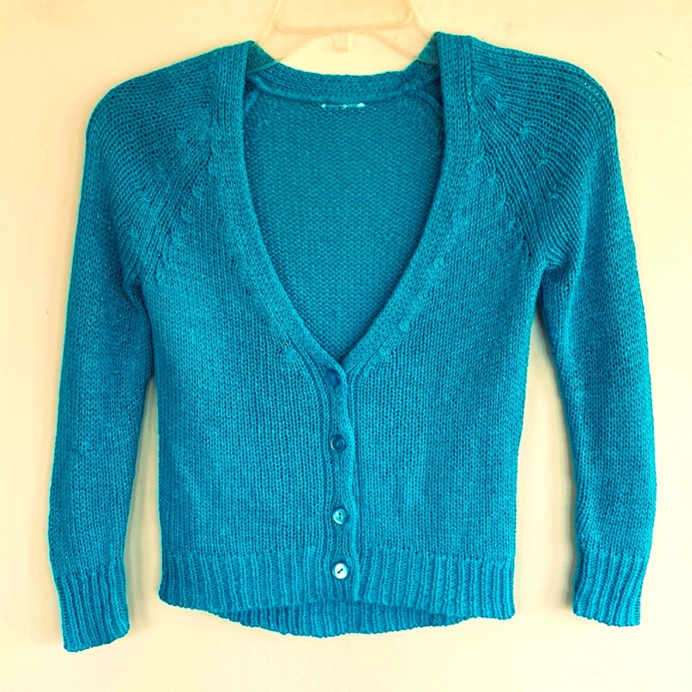 Justice Girls 10 Turquoise & Sparkly Thread 4 Button Cardigan